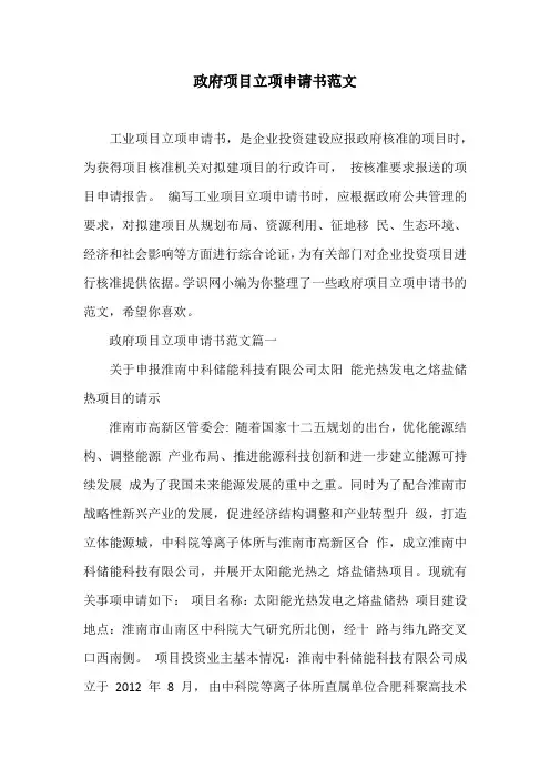 政府项目立项申请书范文
