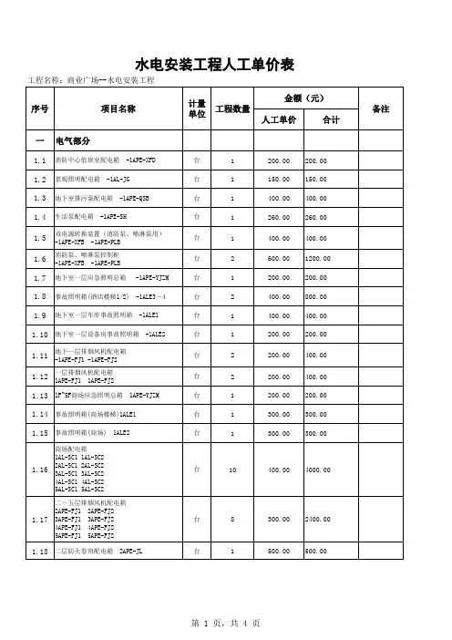 商业广场水电安装工程人工报价书