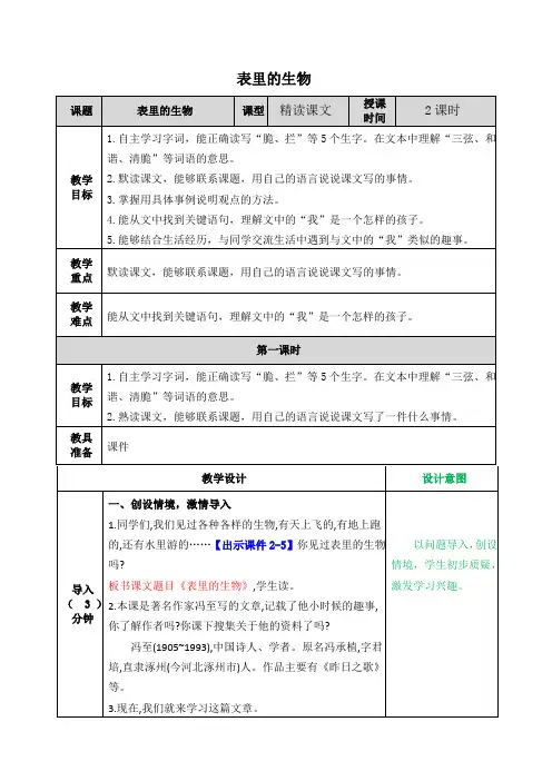 部编人教版六年级下册语文《表里的生物》教案