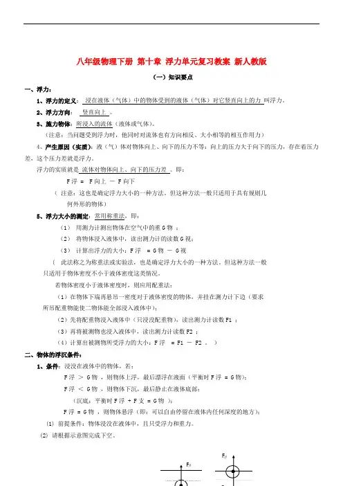 八年级物理下册 第十章 浮力单元复习教案 新人教版