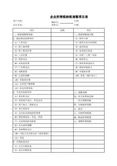 企业所得税纳税项目调整表