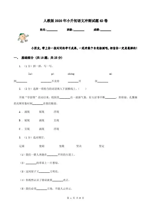 人教版2020年小升初语文冲刺试题4D卷