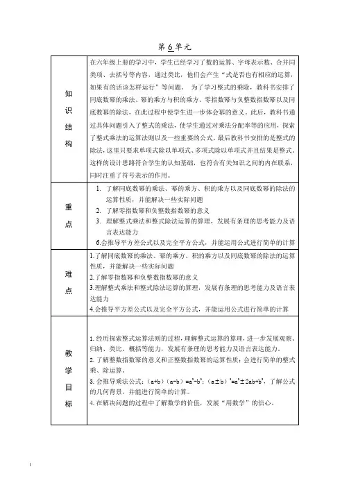 鲁教版六年级数学下册整式的乘除全章教案