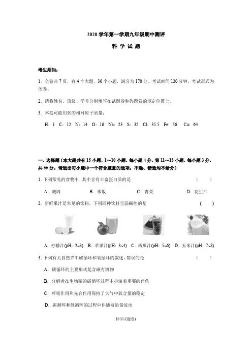 浙江省鄞州区2020学年第一学期期中测试九年级科学统考试卷