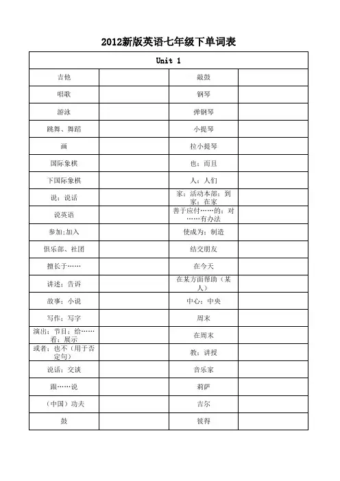 人教版版七年级下册英语单词检测表 汉译英