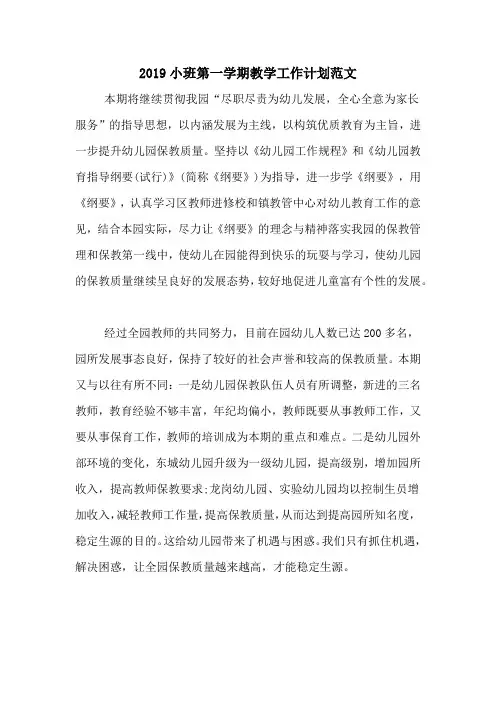 2020年2019小班第一学期教学工作计划范文