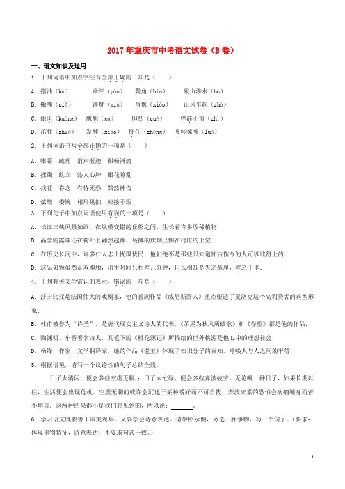 重庆市2017年中考语文真题试题B卷含解析 精