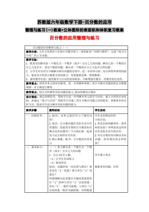 苏教版六年级数学下册-百分数的应用整理与练习(一)教案+立体图形的表面积和体积复习教案