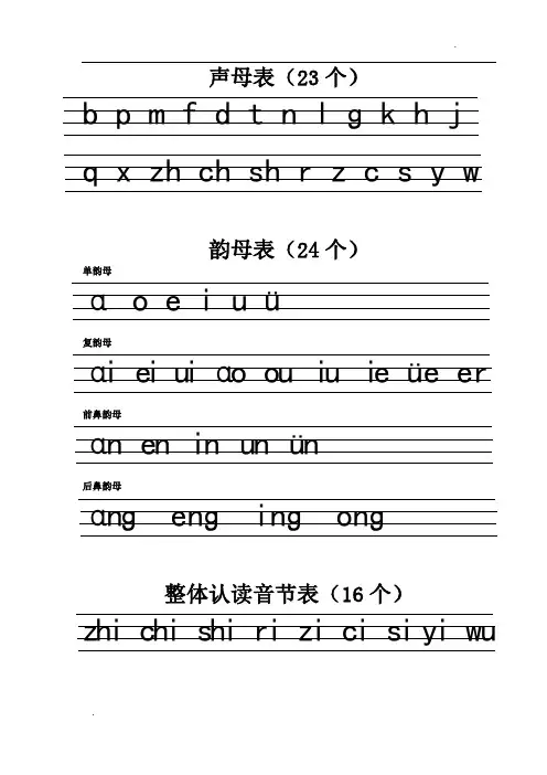 声母、韵母、整体认读音节在四线三格中的正确书写格式