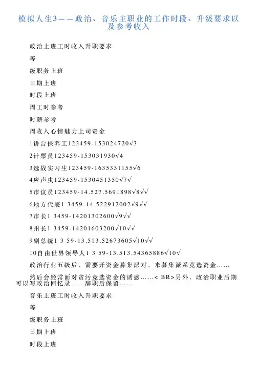 模拟人生3——政治、音乐主职业的工作时段、升级要求以及参考收入