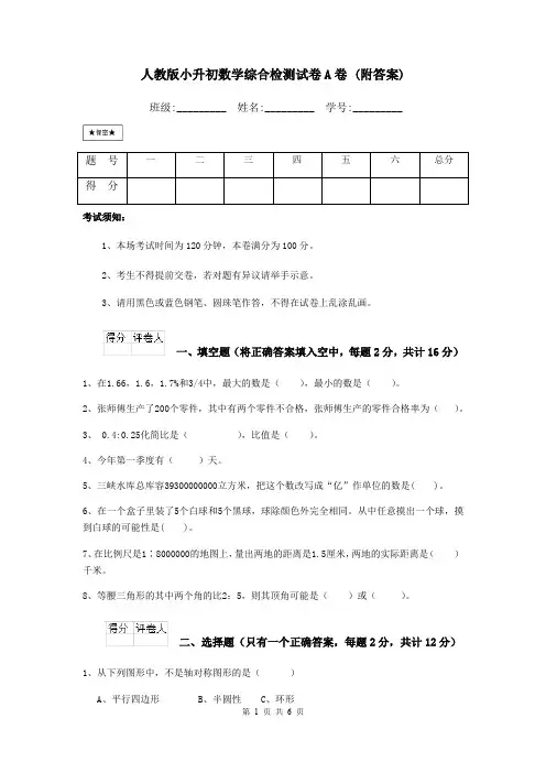 人教版小升初数学综合检测试卷A卷 (附答案)