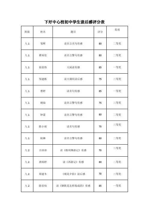 初三读后感评分表