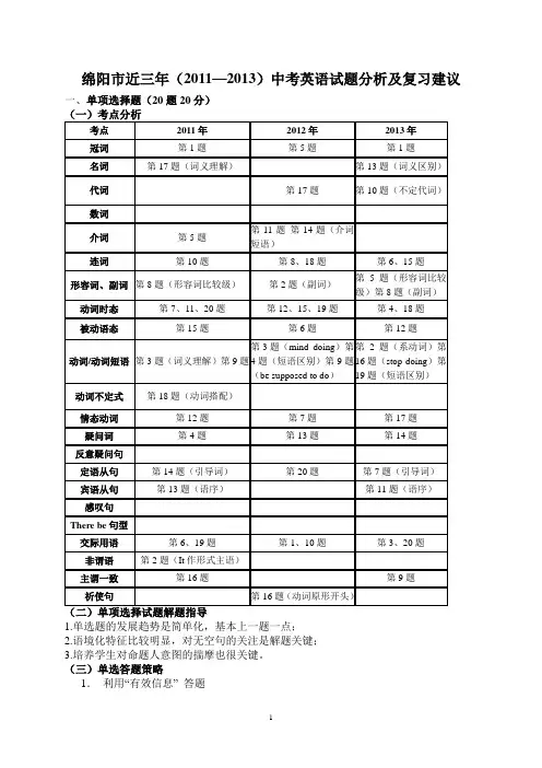 绵阳市近三年(2011-2013)中考英语试题分析及复习建议