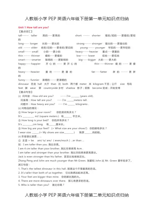 人教版小学PEP英语六年级下册知识要点归纳