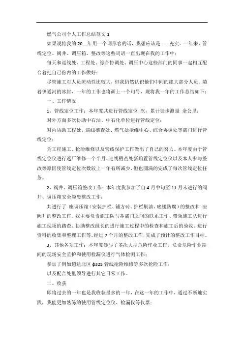 燃气公司个人工作总结范本