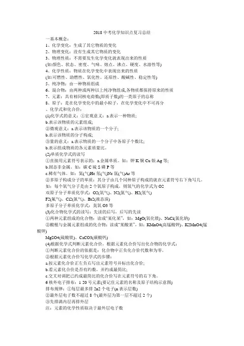 2018中考化学知识点复习总结