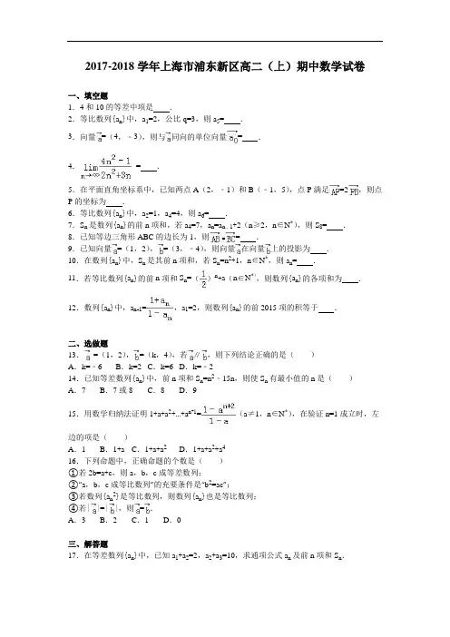 上海市浦东新区2017-2018学年高二上学期期中数学试卷 Word版含解析