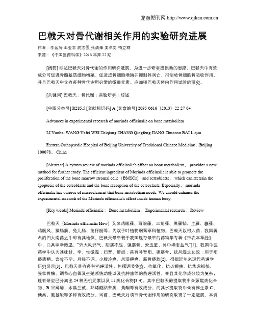 巴戟天对骨代谢相关作用的实验研究进展