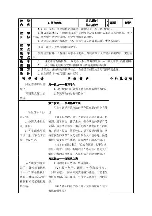 小学语文六年级下册表格式教案：3.烟台的海2