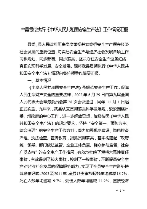 贯彻落实《安全生产法》工作情况汇报