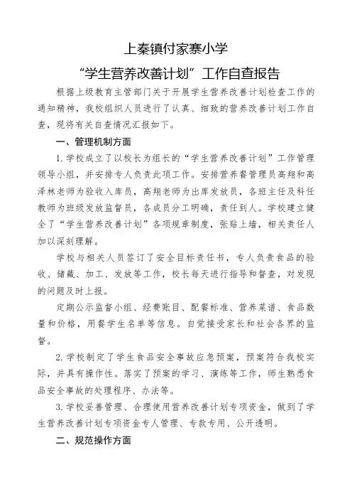 小学学生营养餐改善计划工作自查报告