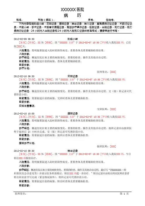 各种病程记录模板(可编辑修改word版)