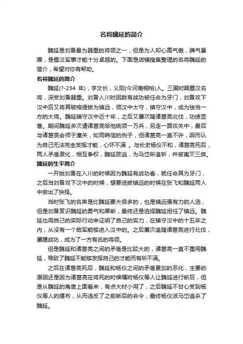名将魏延的简介