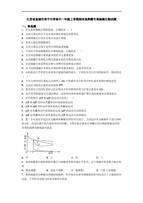 江苏省盐城市阜宁中学高中一年级上学期期末选择题专项抽测生物试题
