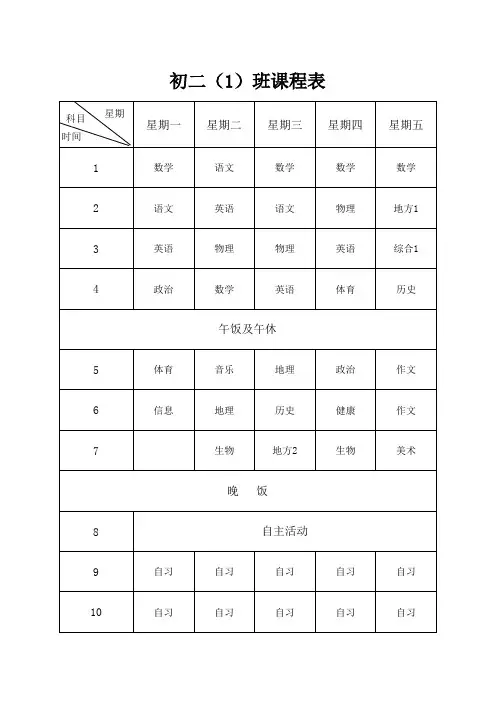 初二各班级课表