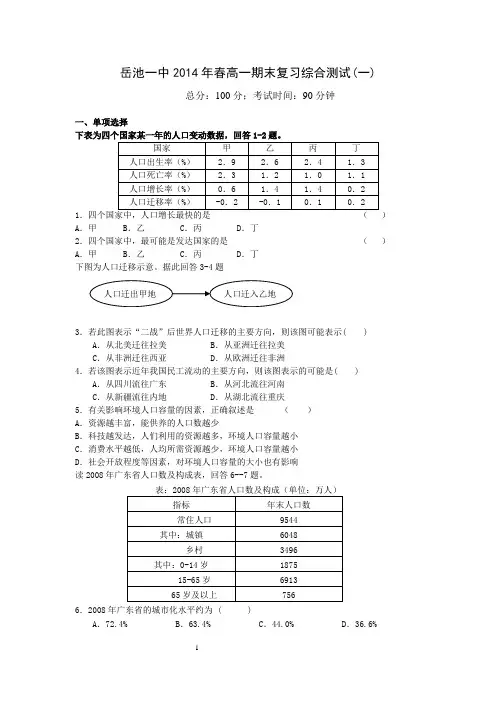 高一地理必修2期末复习综合测试题一