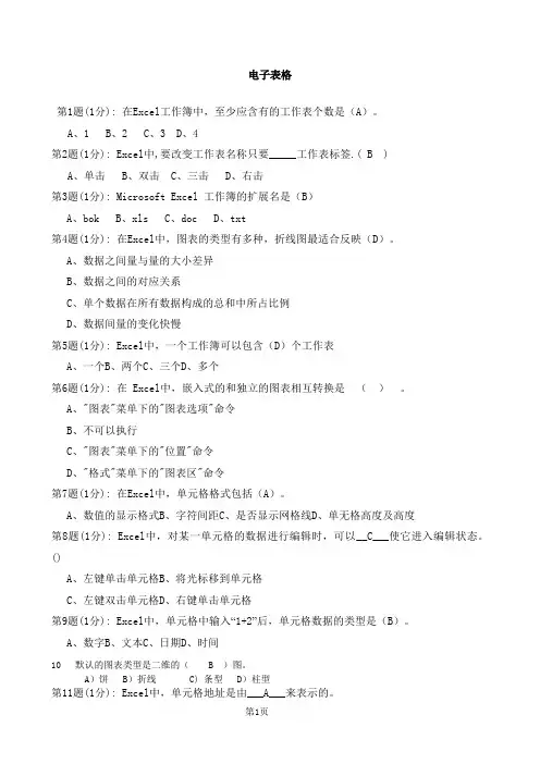 教师招考Excel电子表格单选题