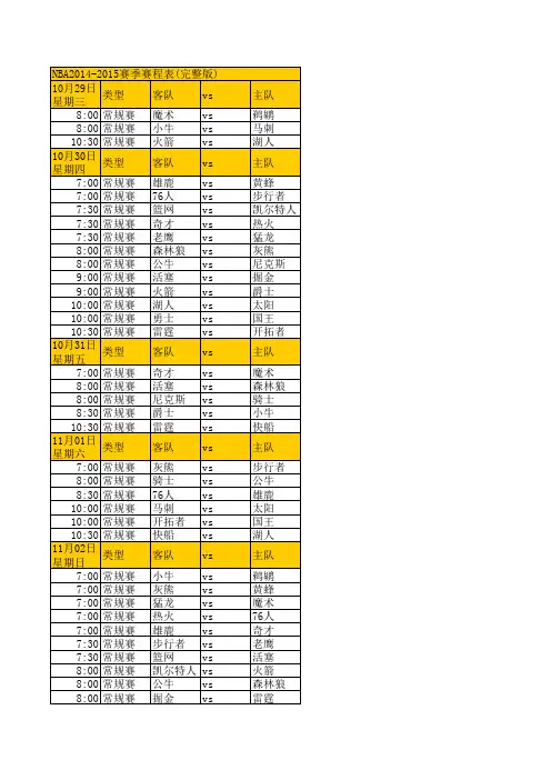 NBA2014-2015赛季赛程表
