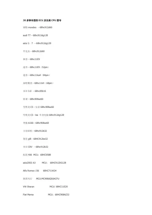 30多种车型的ECU及仪表CPU型号