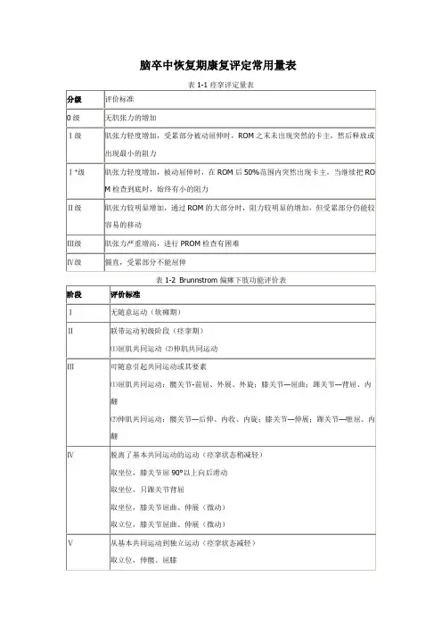 脑卒中恢复期康复评定常用量表