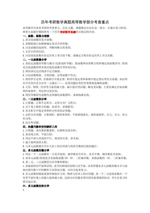 历年考研数学真题考查重点