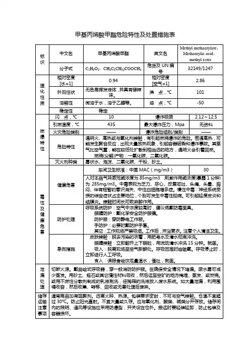甲基丙烯酸甲基危险特性及处置措施表