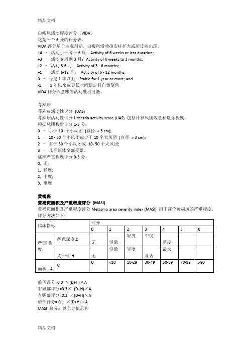 最新几个皮肤病临床评分表