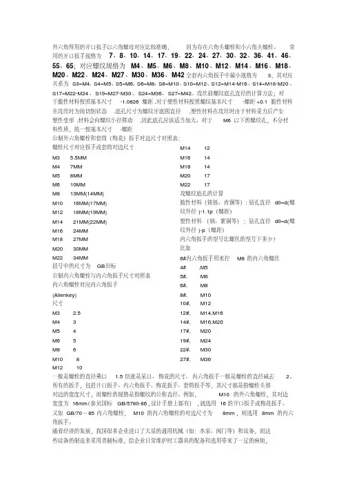 螺栓大小及对应扳手
