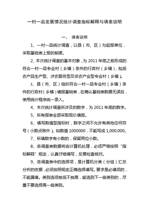 一村一品发展情况统计调查指标解释与填表说明