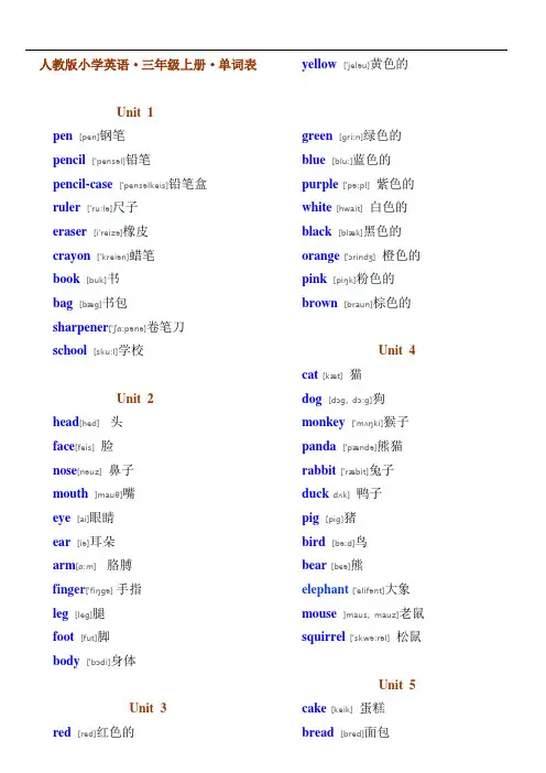 人教版PEP小学英语三年级·单词表(带有音标)
