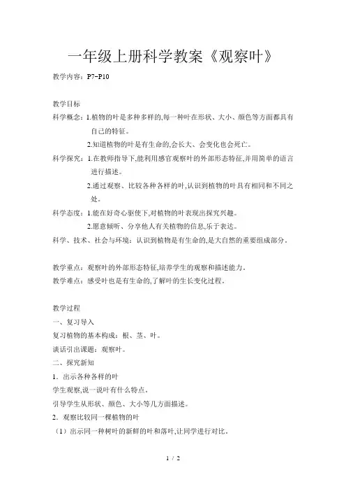一年级上册科学教案《观察叶》