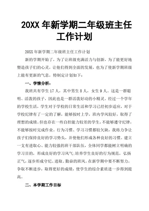 20XX年新学期二年级班主任工作计划