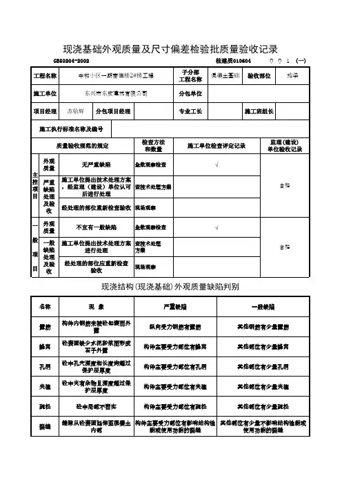 现浇基础外观质量及尺寸偏差检验批质量验收记录