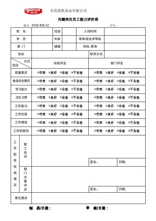 关键岗位员工能力评价表