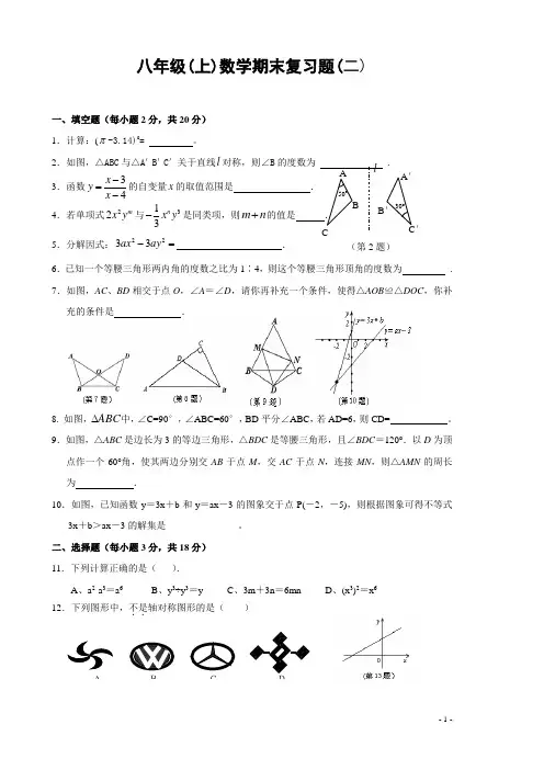 八年级上学期数学期末复习试题(2)(含答案)