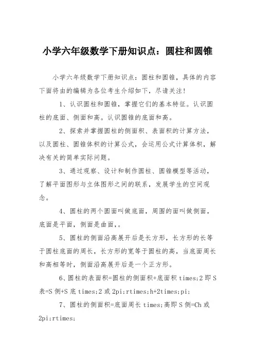 小学六年级数学下册知识点：圆柱和圆锥