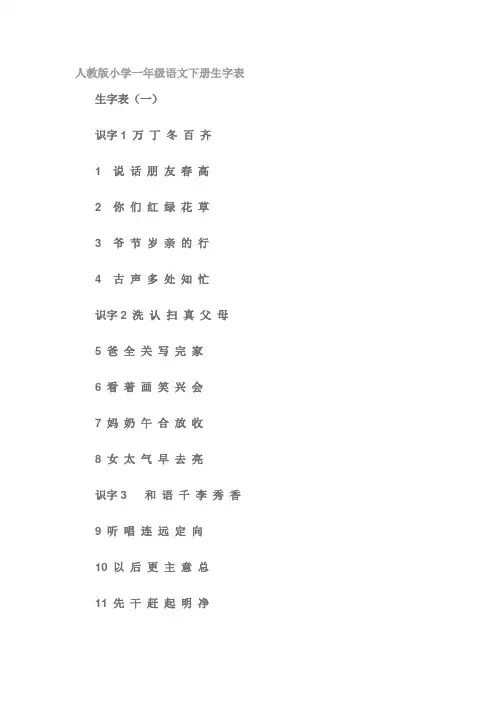 人教版小学一年级语文下册生字表