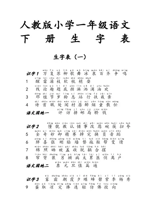 人教版小学一年级语文下册生字表拼音及组词