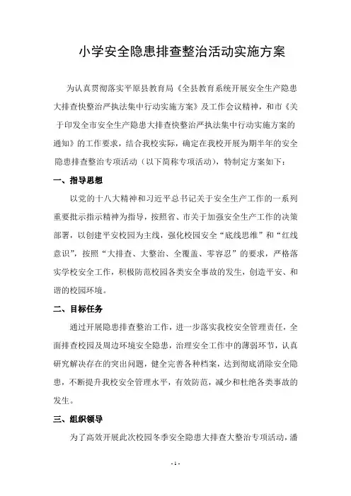小学安全隐患大排查大整治活动实施方案