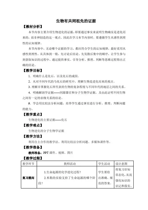 人教版高一生物必修二-6.1 生物有共同祖先的证据-教案